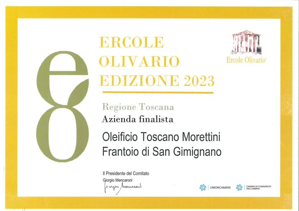 Attestato CONCORSO NAZIONALE “ERCOLE OLIVARIO” 2023 a IGP Toscano Frantoio di San Gimignano
