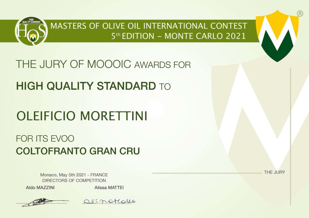 MASTERS OF OLIVE OIL INTERNATIONAL CONTEST 2021 Attestato (MONTE CARLO) Premio High Quality Standard a ColtoFranto Morettini