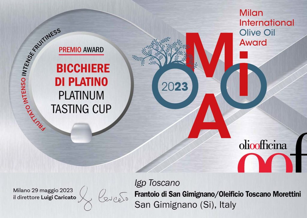Attestato MILANO INTERNATIONAL OLIVE OIL AWARD 2023 a IGP toscano Frantoio di San Gimignano